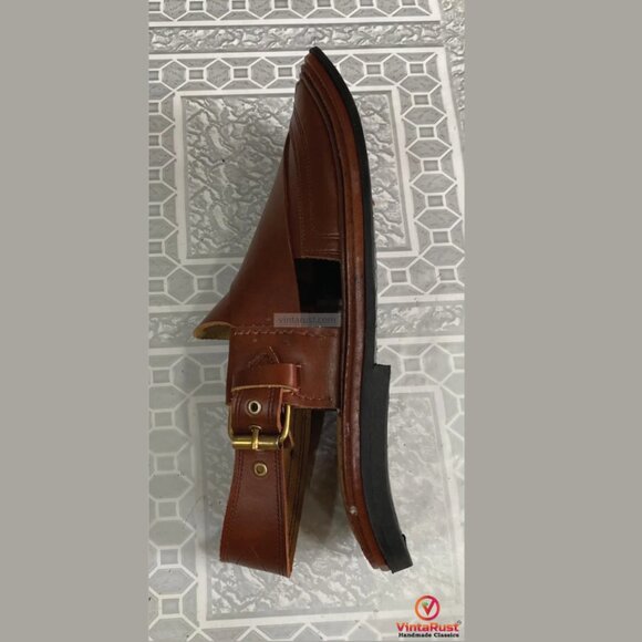 Authentic Shinny Brown Leather Peshawari Chappal, Brown Suede Handmade Sandals, - Picture 4 of 8